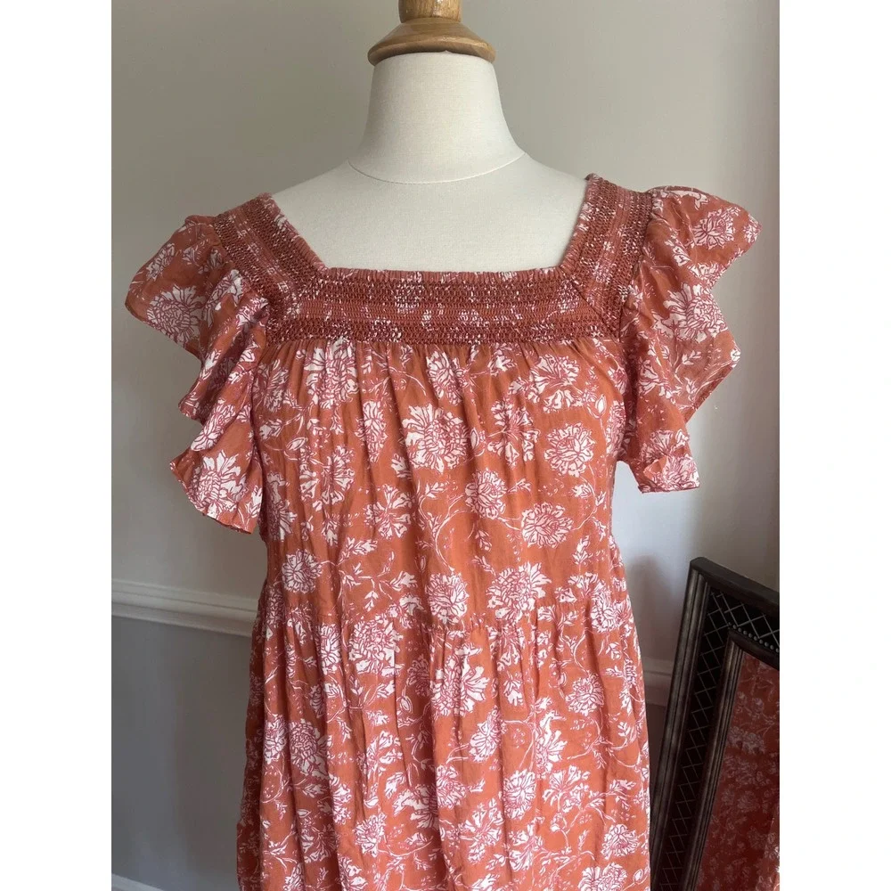Free People Bonita Tiered Midi Dress Size Small Terracotta Floral 100%‎ Cotton